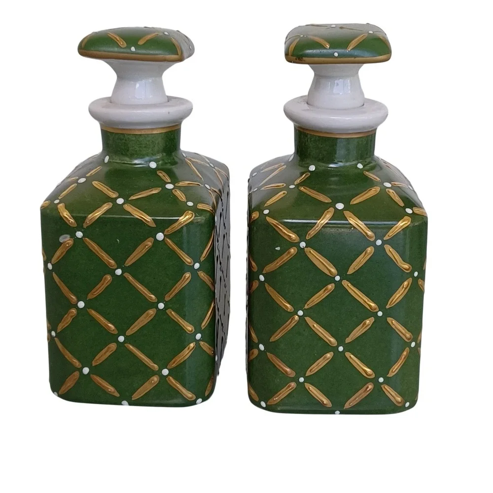 Limoges France for Saks Fifth Avenue Green Gold Hand Painted Porcelain Decanters